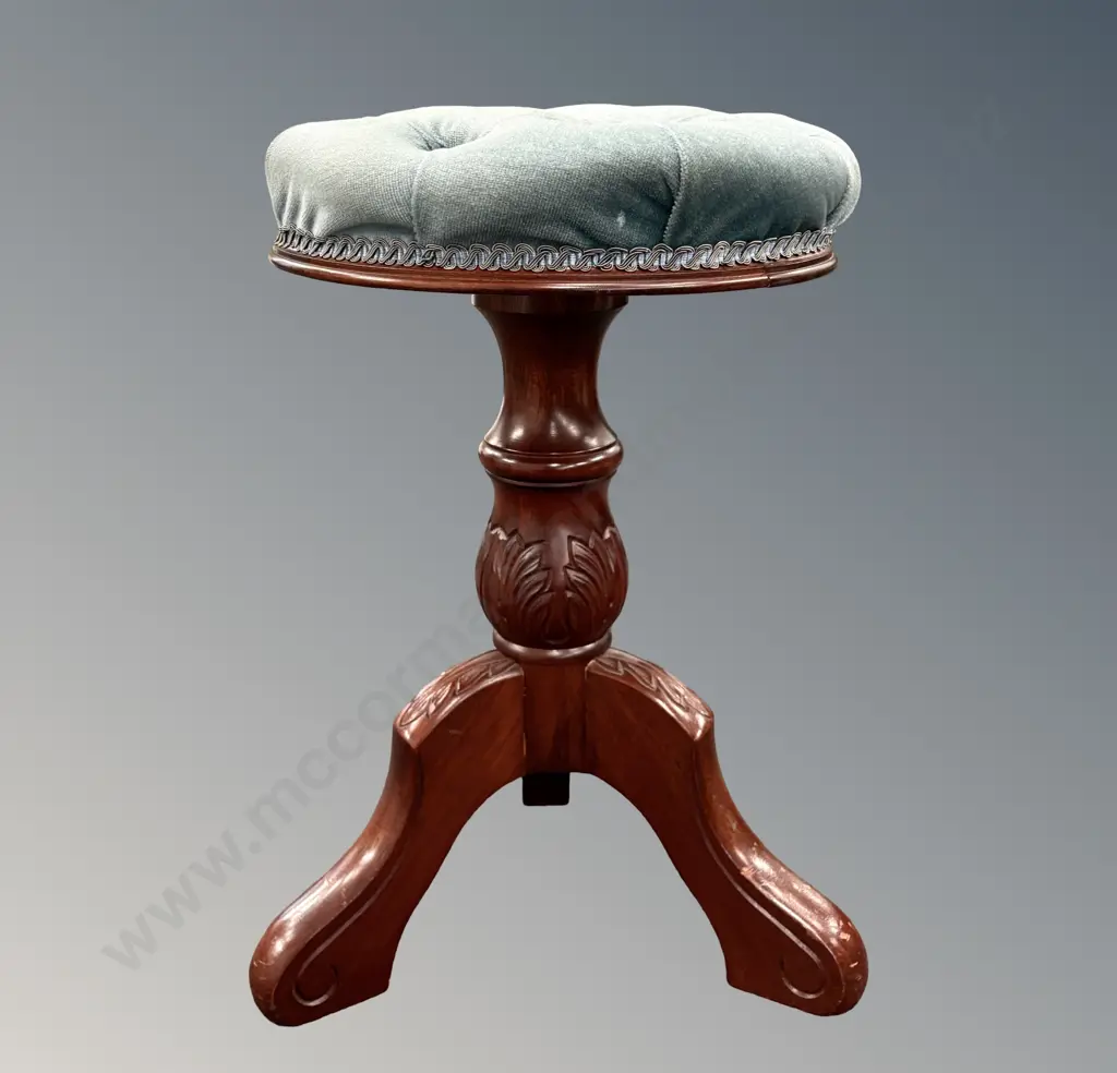 Mahogany Revolving Piano Stool on a Centre Pedestal Base with Deep Buttoned Upholstered Seat Image 1++