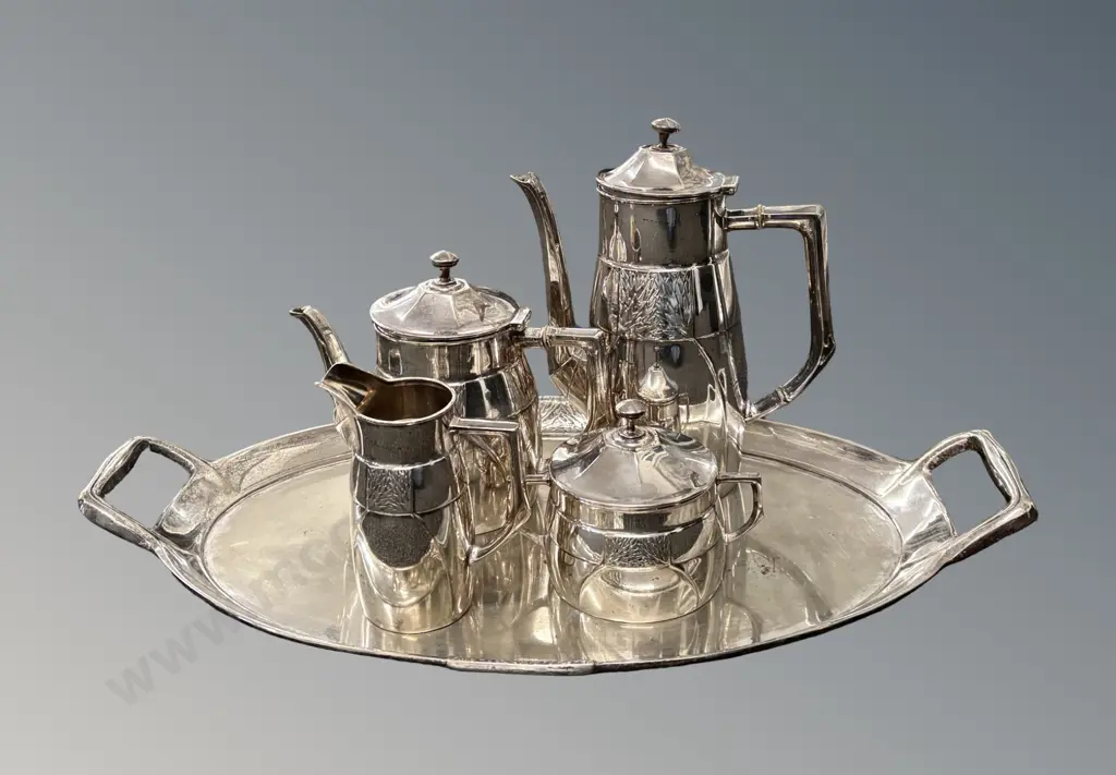 Art Nouveau Orivit Jugenstil Austrian Silver Plated Tea Service - Tea Pot, Coffee Pot, Sugar Bowl, Creamer and Tray Image 1++