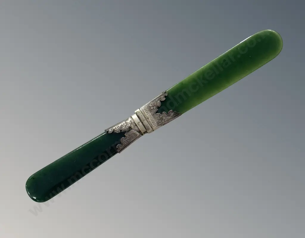 Cased Silver Mounted Greenstone Paper Knife, L22cm Image 1++