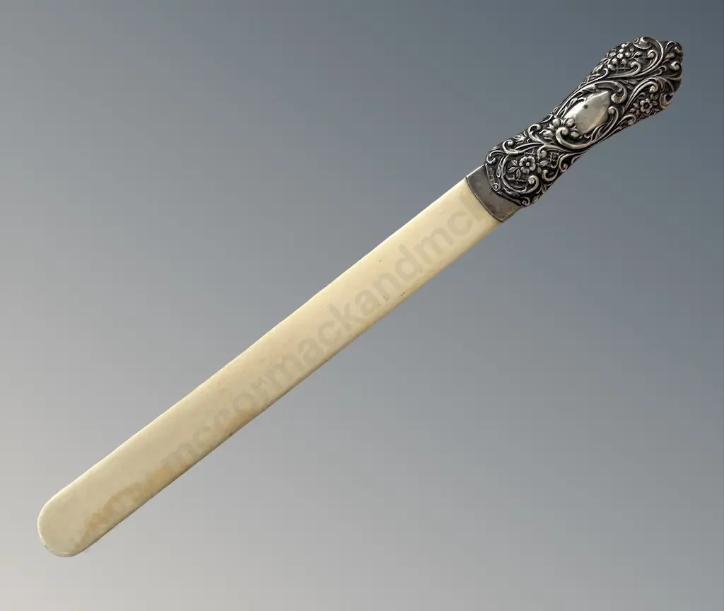 c.1905 Embossed Sterling Silver Handled and Ivory Paper Knife L35cm Image 1++