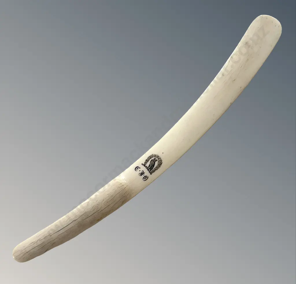 Ivory Paper Knife with a Curved Tapered Blade, Black Inked Owl Crest Framed with Floral Wreath L44cm Image 1++