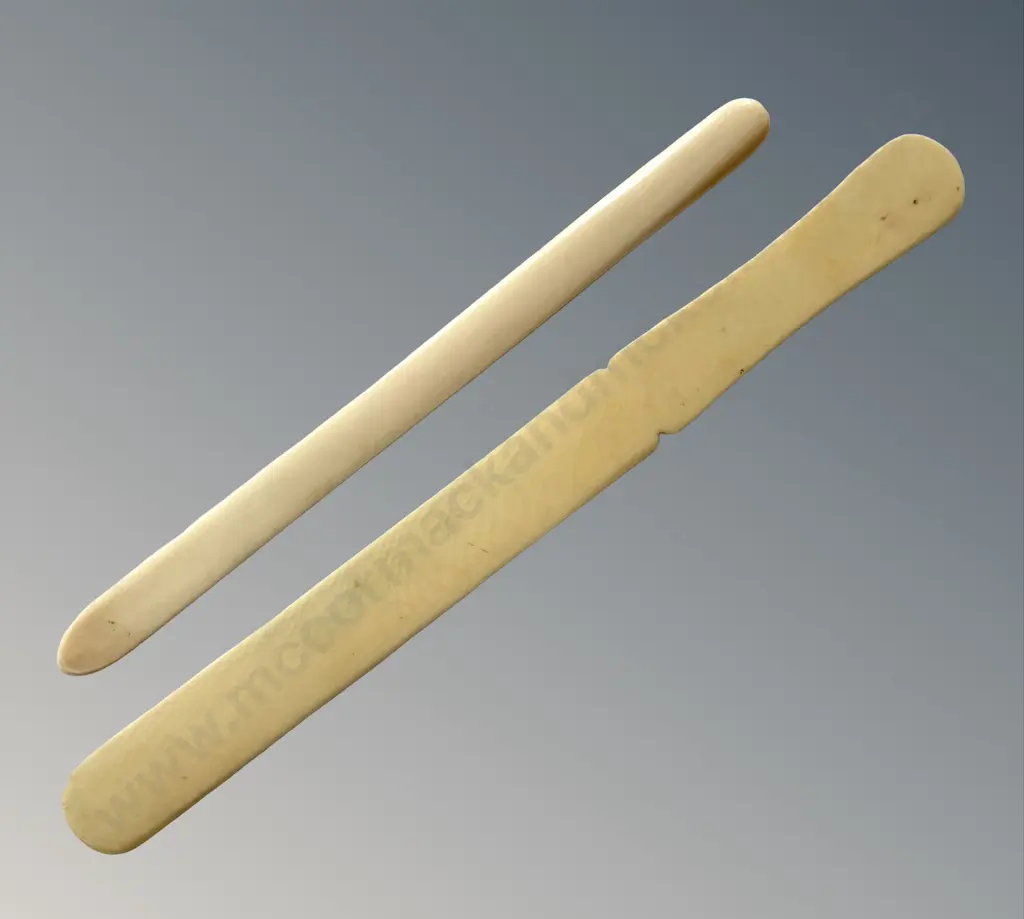 Two Ivory Paper Knives - one with Ship Engraving L26cm, L32cm Image 1++