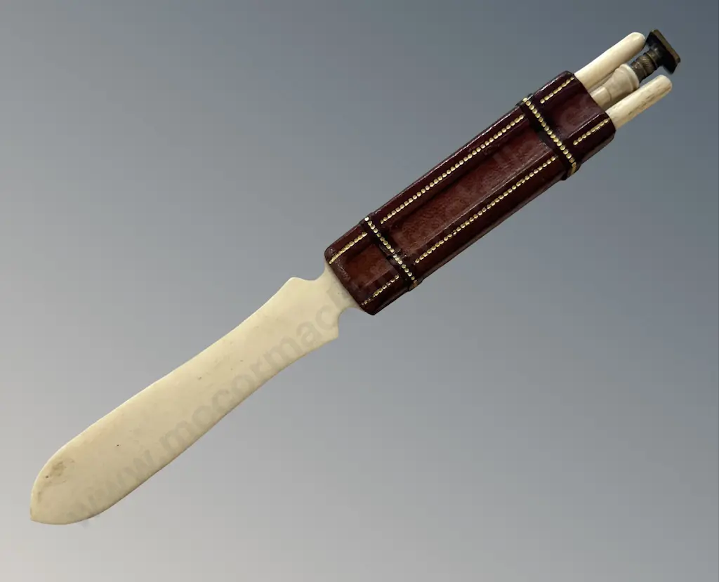 c.1900 Leather Bound Bone Letter Opener/Seal/Fountain Pen and Pencil L23cm Image 1++