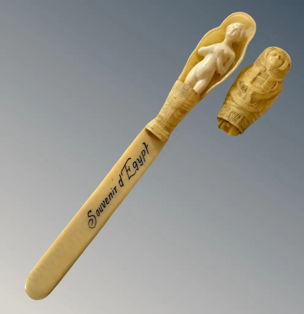 Celluloid Egyptian Paper Knife with Removable outer Mummy Case Handle, AF small chip L24cm Image 1++