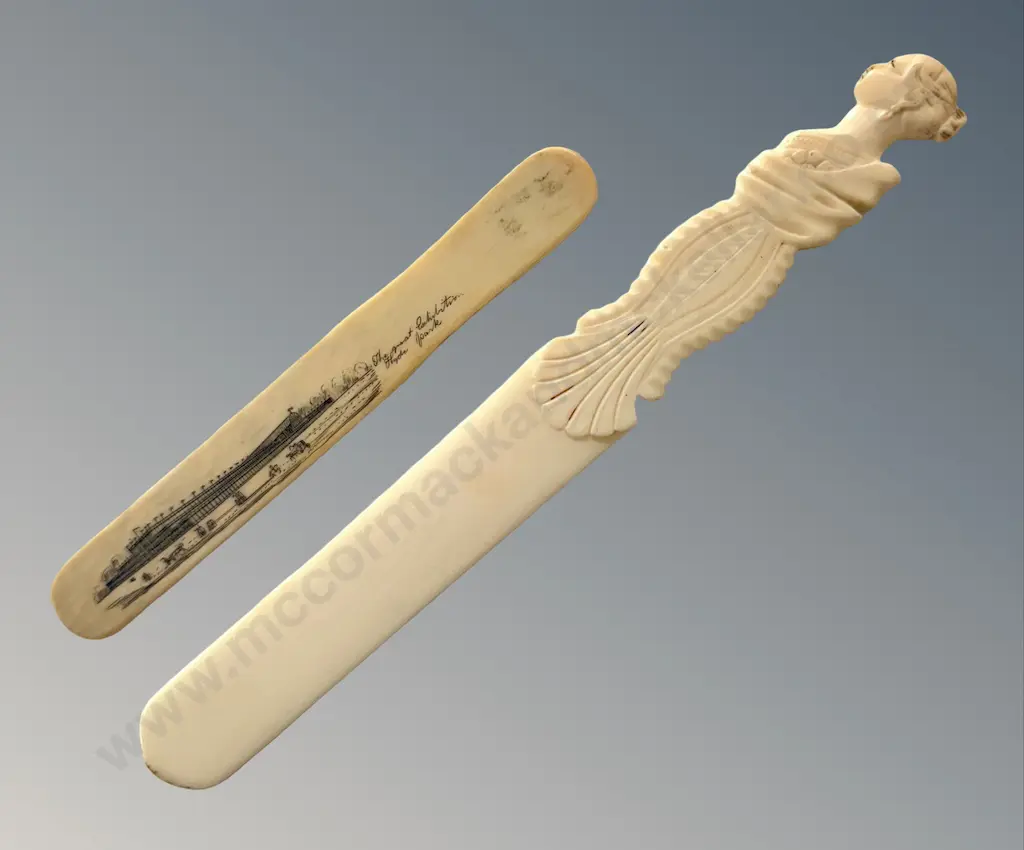 Two Ivory Letter Openers, one with Woman Figural Handle, one Great Exhibition Hyde Park, L15-23cm Image 1++