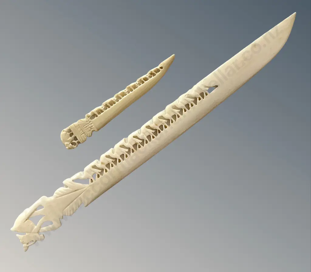 Two Ivory Letter Openers with Camel and Elephant Carving L11cm, L28cm Image 1++