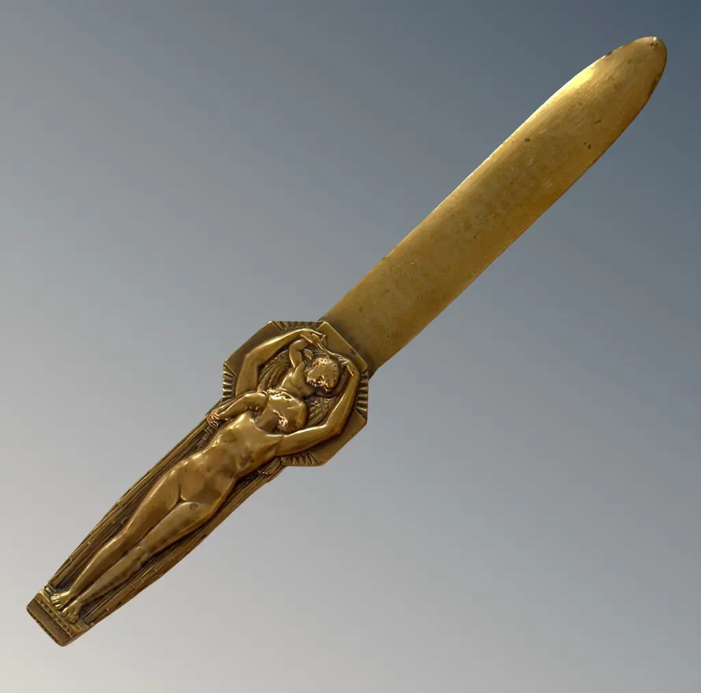 French Bronze Art Deco Paper Knife Lucien Bazor with a Nude Female Holding a Child, c. 1920's, L25cm Image 1++
