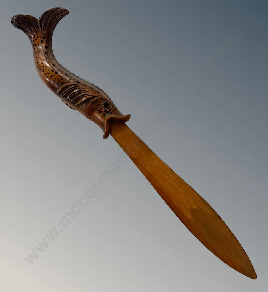 19thC Treen Carved Wooden Fish Paper Knife with Glass Eyes L35cm Image 1++