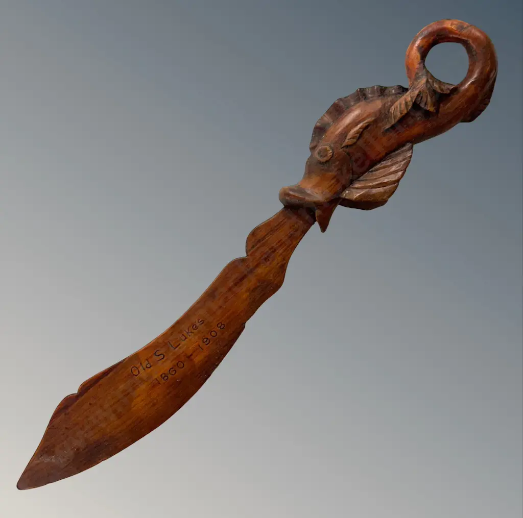 Wooden Paper Knife with a Curved Blade and Carved Fish Handle, dated 1860-1908, L34cm Image 1++