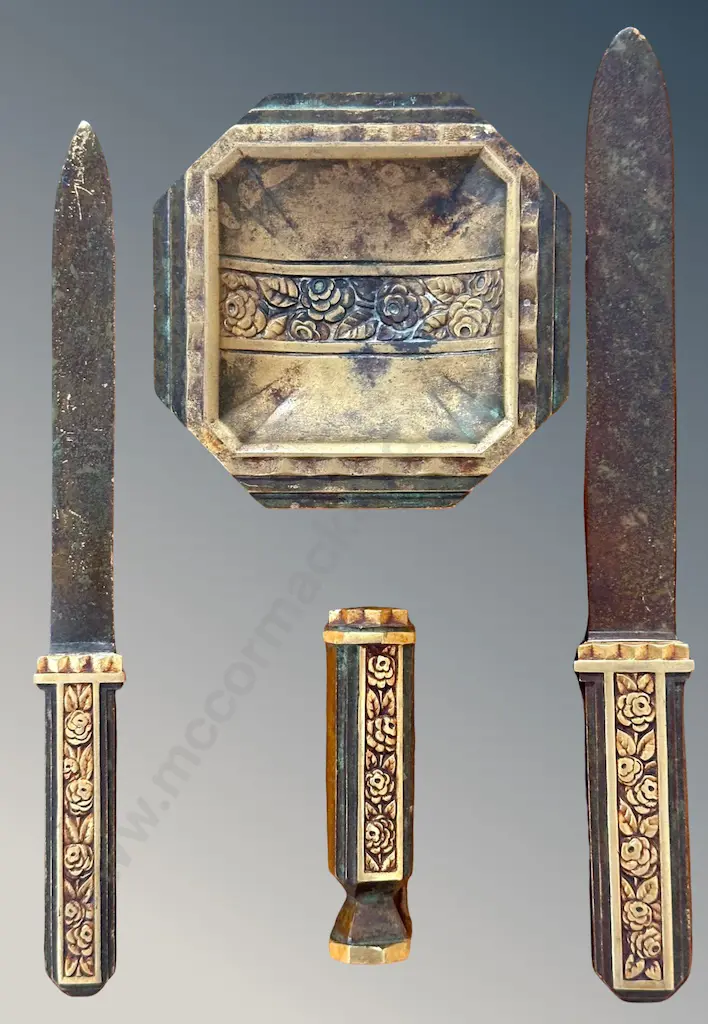 Cased Bronze Letter Opener Set with 2 Paper Knives, Seal and Dish, signed A Sadoux Image 1++