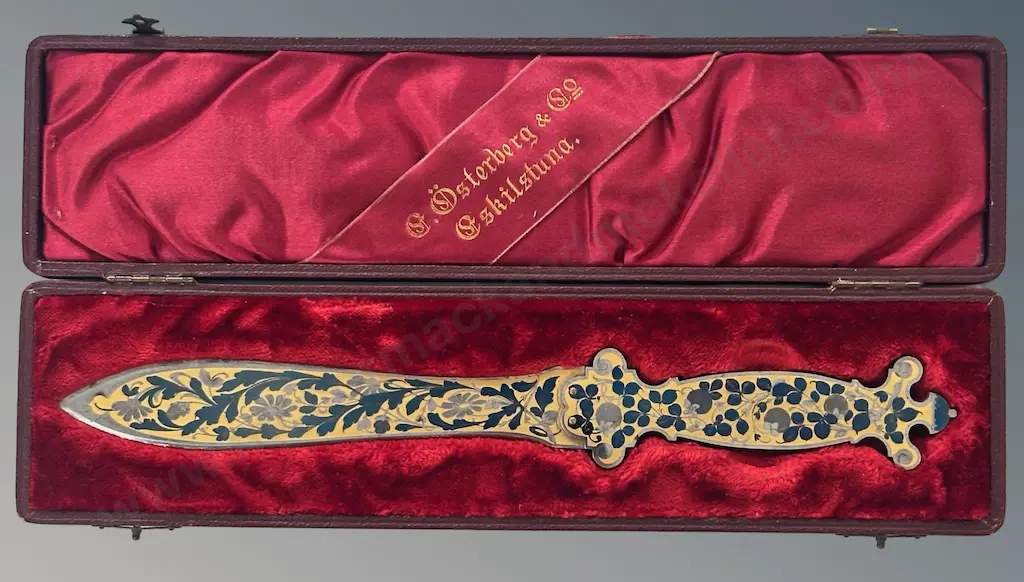 Cased Osterberg & Co. Steel Paper Knife with Floral and Leaf Inlaid Design L25cm Image 1++