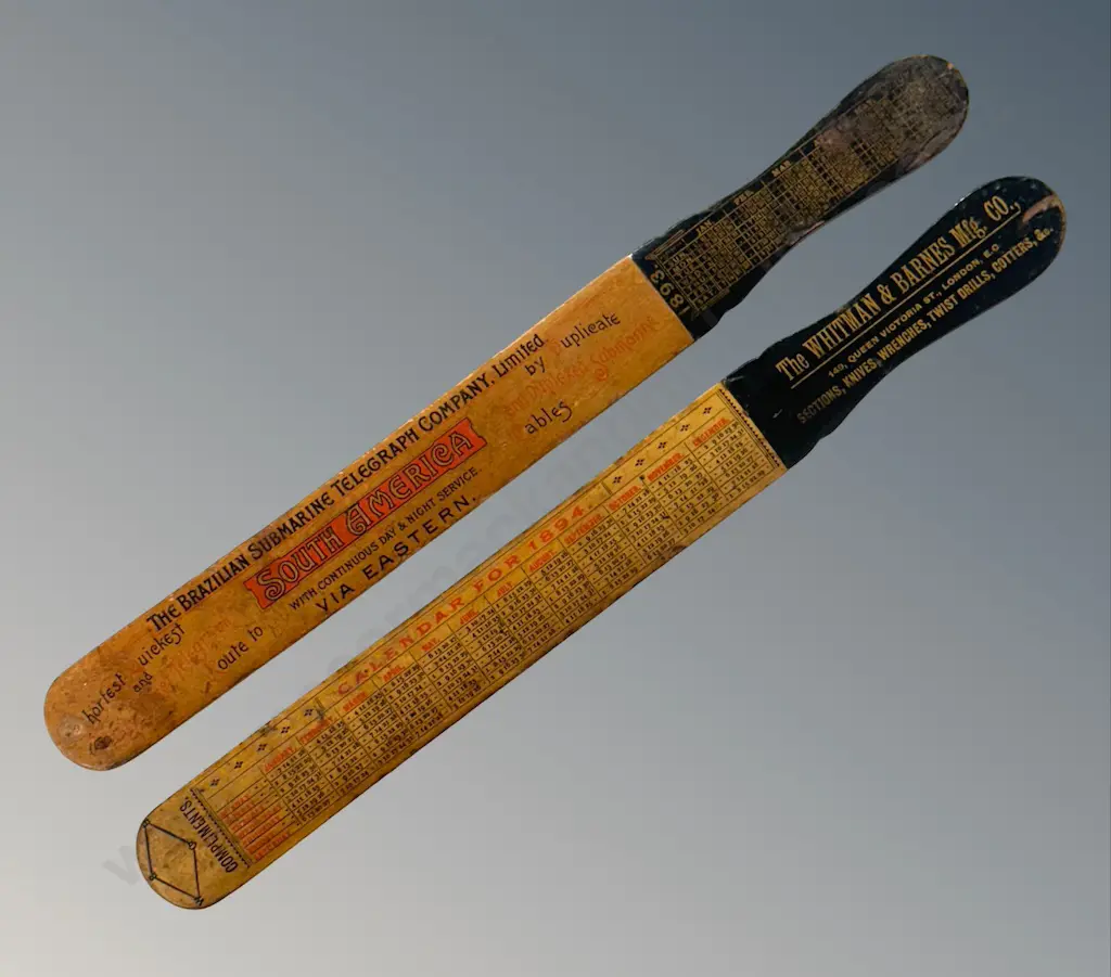 Two Mauchline Ware Paper Knives Depicting Maps, Illustrations of Factories L33cm Image 1++