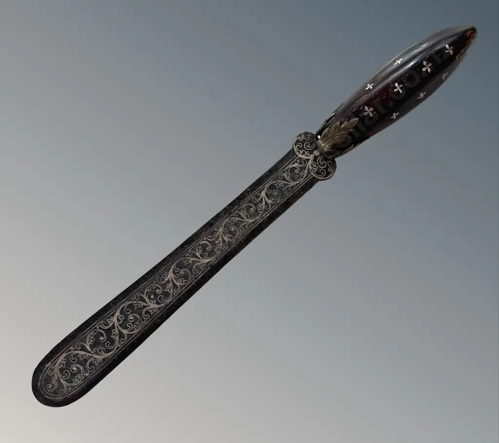 Blackened Inlaid Metal with Silver Inlaid Wooden Handle Letter Opener L23cm Image 1++