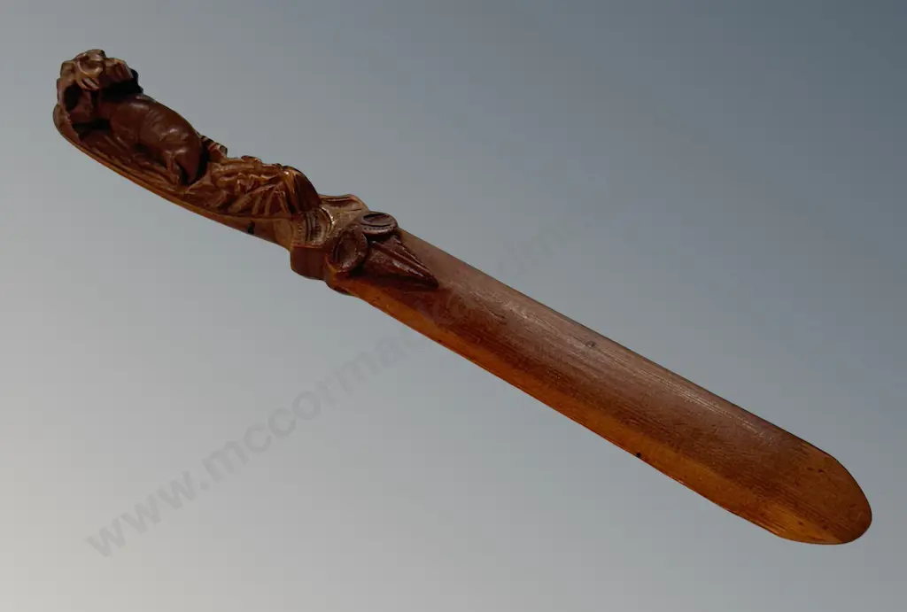 Wooden Carved Cow in Shelter Handled Paper Knife, signed and dated 1897, L22cm Image 1++