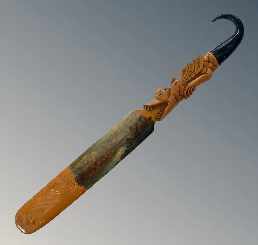 Wooden Paper Knife with Alligator Carved Handle and Hand Painted Image of Landscape L29cm Image 1++