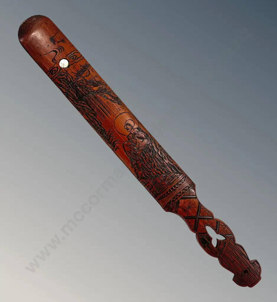 Wooden Paper Knife with Carved Oriental Design, Mother of Pearl Inlay L44cm Image 1++