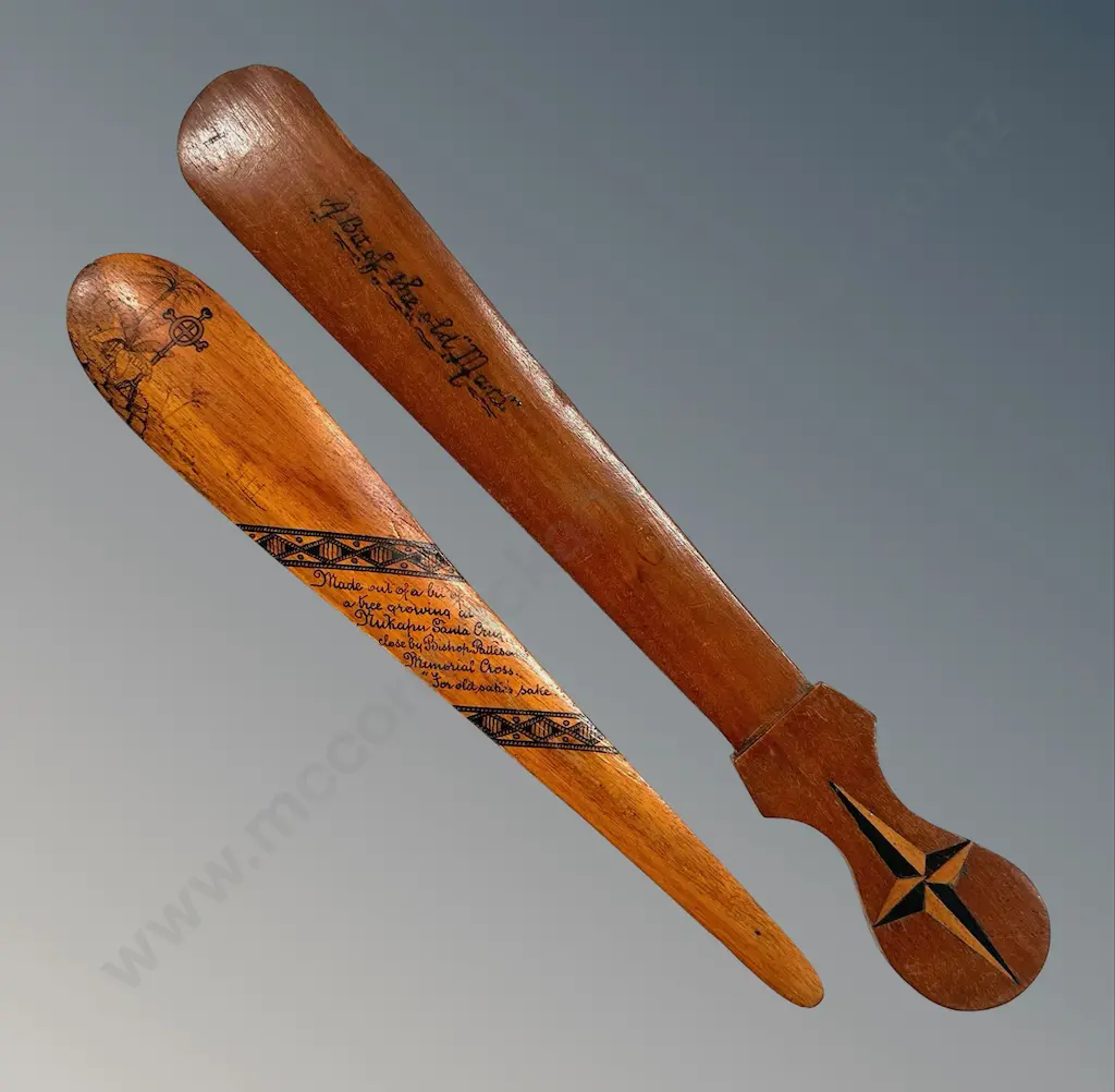 Two Wooden Letter Openers with Marquetry Inlay and Pacifica Design L29cm, L34cm Image 1++