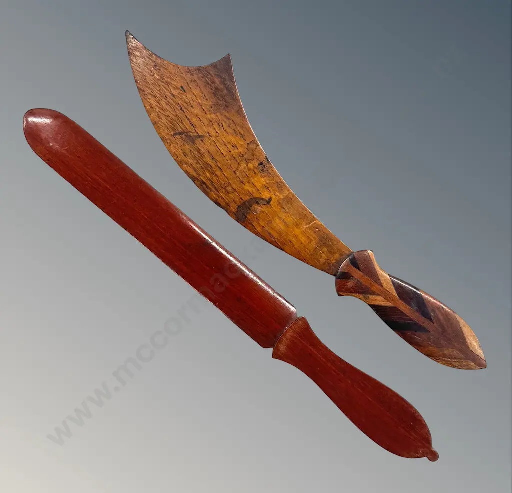 One Curved Paper Knife with Marquetry Handle L29cm and Mahogany Paper Knife L31cm Image 1++