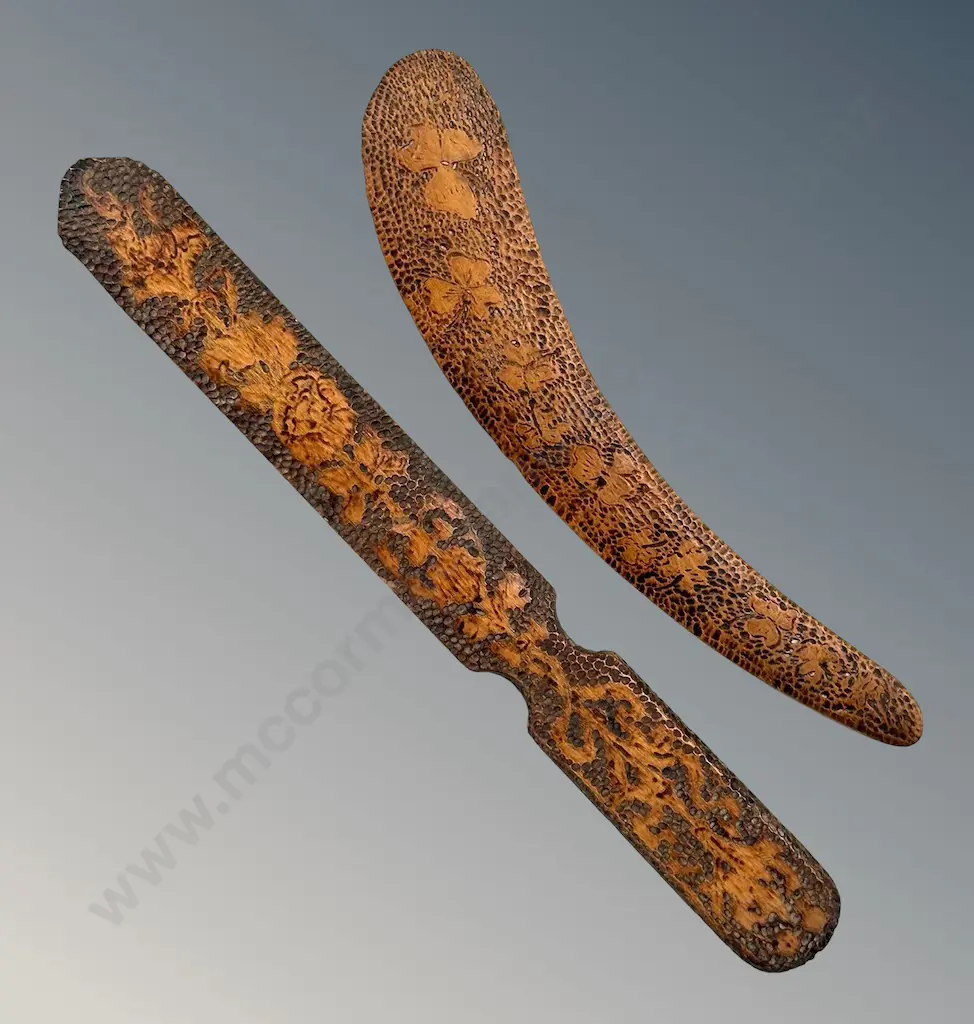 Two Wooden Carved Poker Work Paper Knives L25cm, L31cm Image 1++