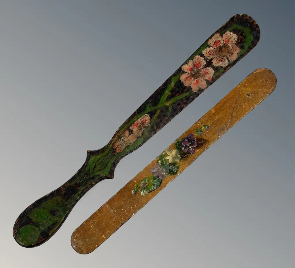 Two Wooden Hand Painted Floral Paper Knives L26cm, L31cm Image 1++