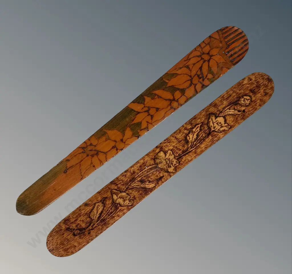 Two Wooden Floral Embossed Paper Knives L26.5cm Image 1++