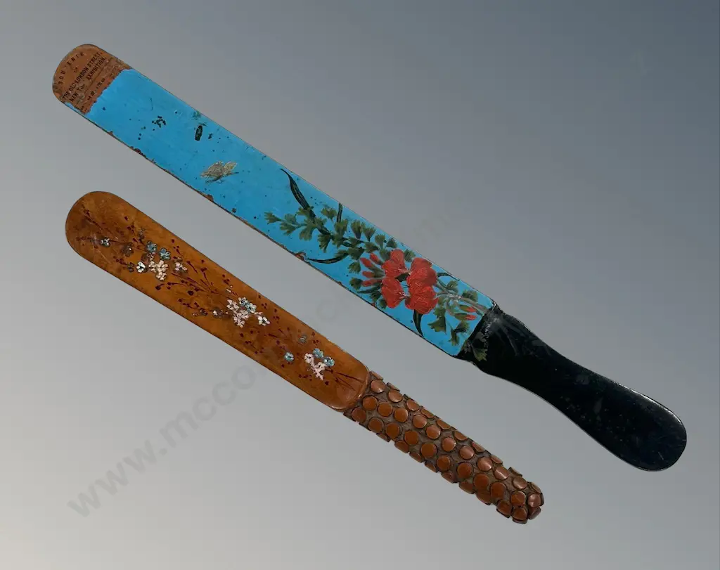 Two Wooden Paper Knives with Hand Painted Floral Detail, The Old London Street New York Exhibition L33cm, L25cm Image 1++