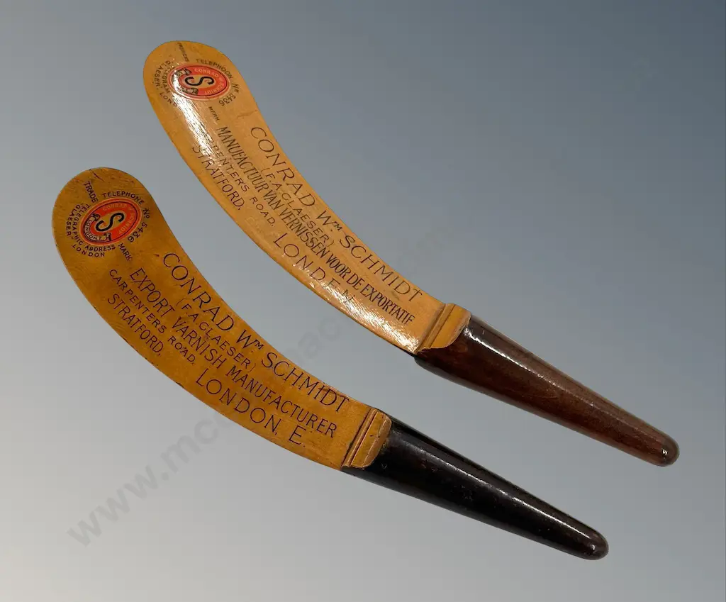 Pair of Mauchline Ware Paper Knives, Conrad W Schmidt Export Varnish Manufacture, Stratford, London L31cm Image 1++