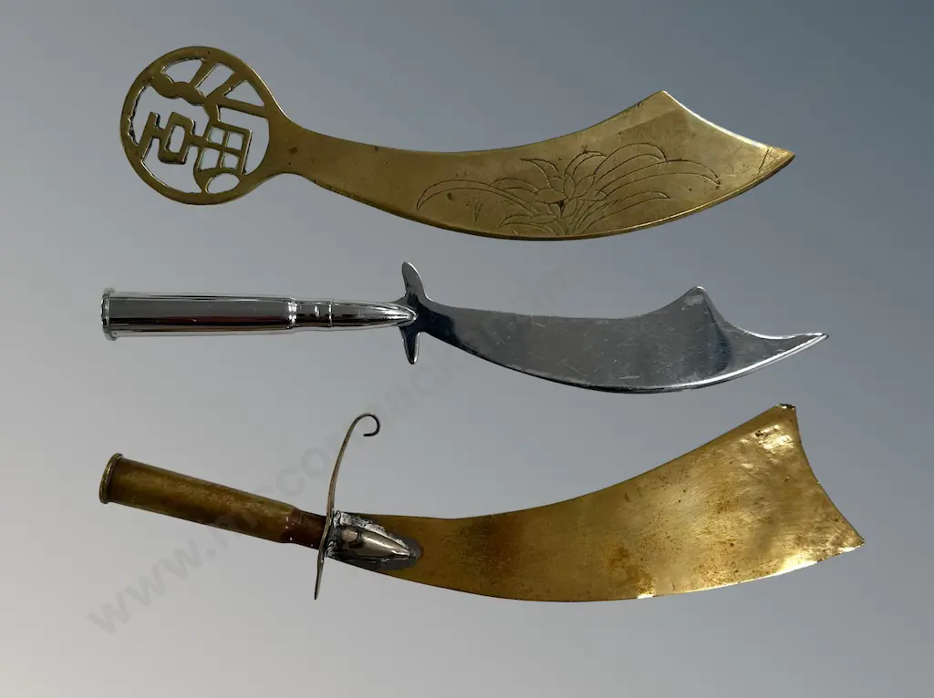 Two Brass and One Silver Letter Openers with Curved Blades, Two with Bullet Handles L17- L19cm Image 1++