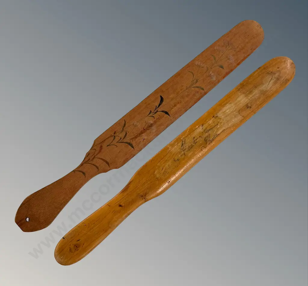 Two Wooden Paper Knives, one signed 1880, one with Floral and Bird Design L24cm Image 1++
