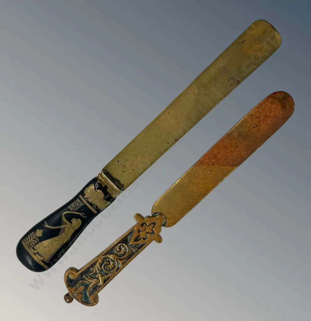 Two Brass Letter Openers with Embossed Inlaid Handles L20cm, L22cm Image 1++