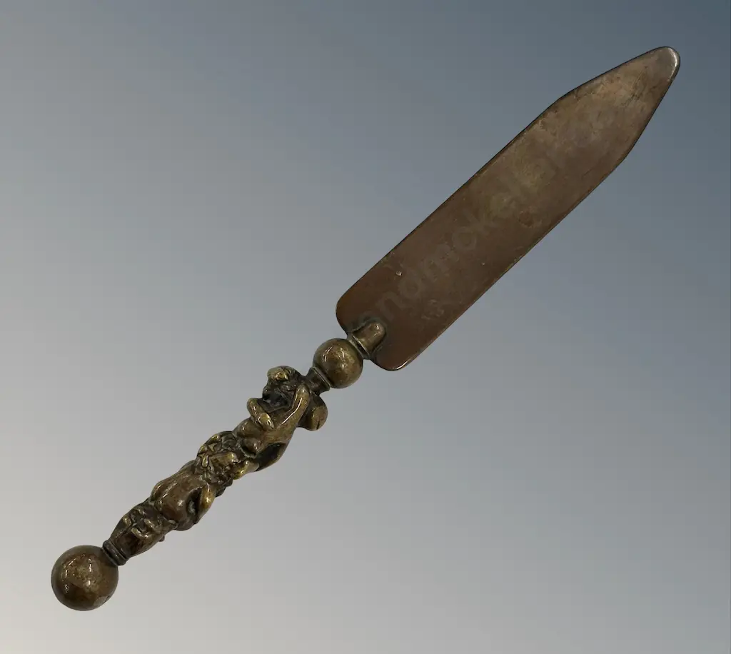 Heavy Brass Letter Opener with Entwined Figures Handle L20.5cm Image 1++