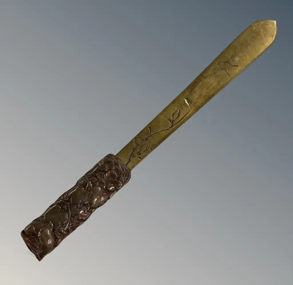 Brass and Copper Handled Letter Opener with Floral and Bird Design L27cm Image 1++