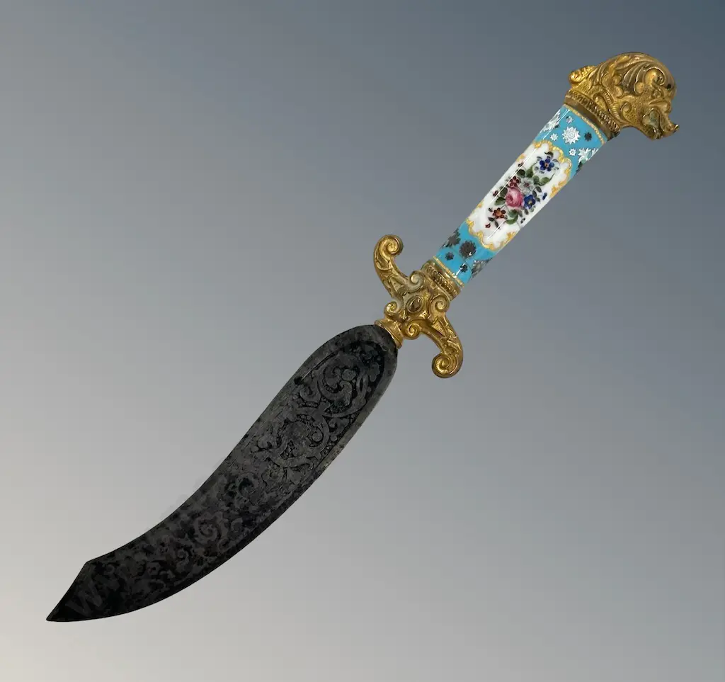 Victorian Letter Opener in the shape of a Dagger with Porcelain Floral and Gilt Handle L19cm Image 1++