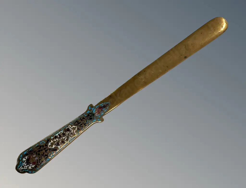 Brass Letter Opener with Enamel and Gold Floral Handle L25cm Image 1++