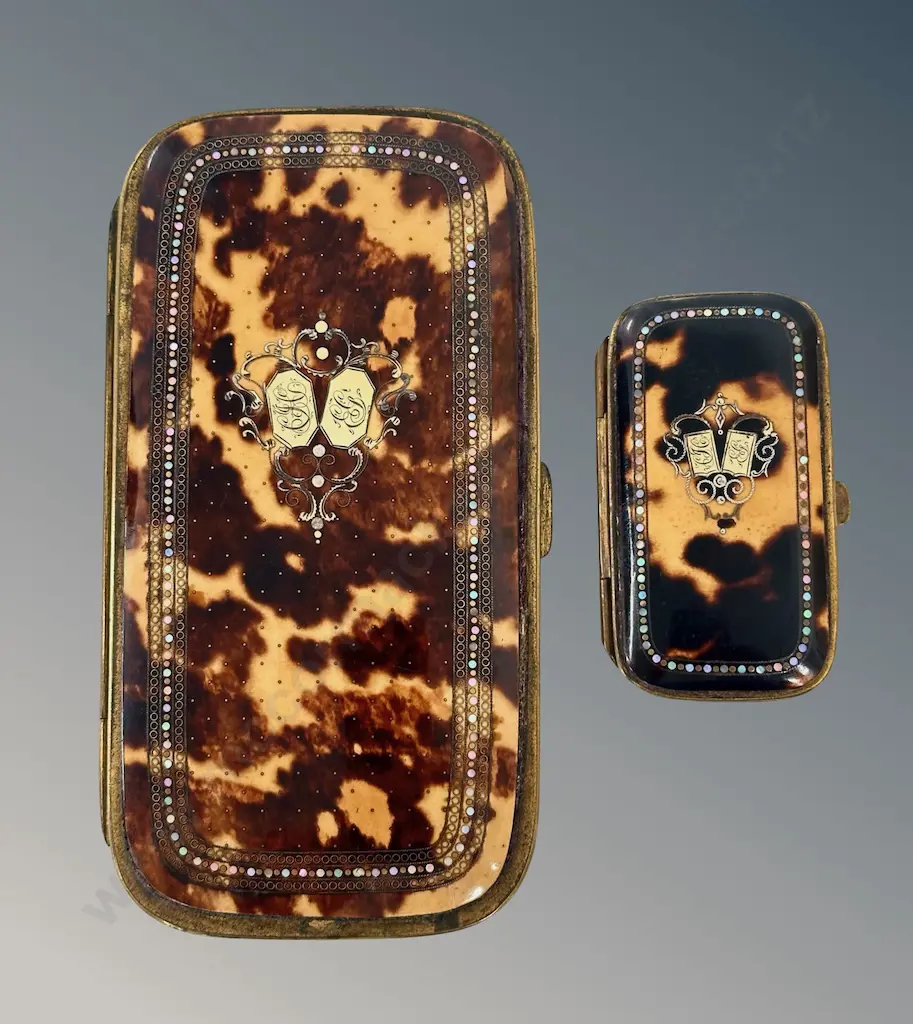 Victorian Tortoiseshell with Brass Inlay Cigarette and Vesta Case, Two Escutcheons - Possibly Gold, believed to belong Image 1++