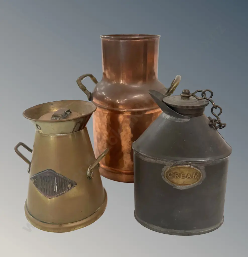 Three Copper, Tin and Brass Milk & Cream Cans H9-14cm Image 1++