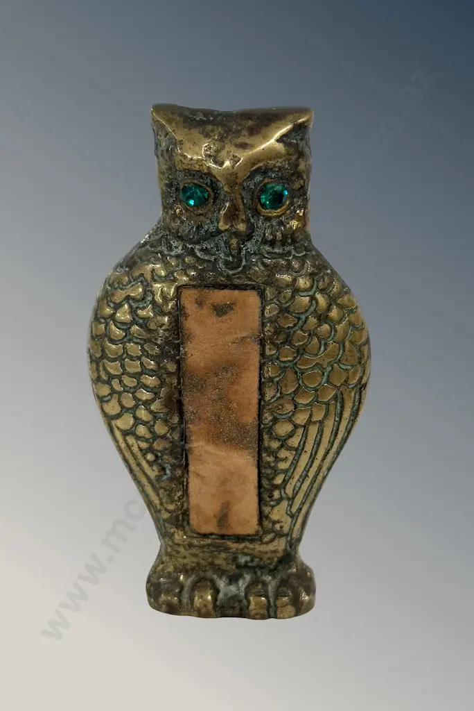 Brass Owl Match Striker with Green Glass Eyes H8cm Image 1++