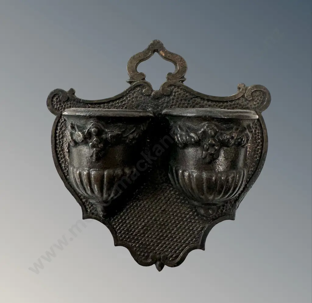 Wall Mounted Cast Iron Twin Urns with Grape Motifs Matchbox Holder and Striker H10cm Image 1++