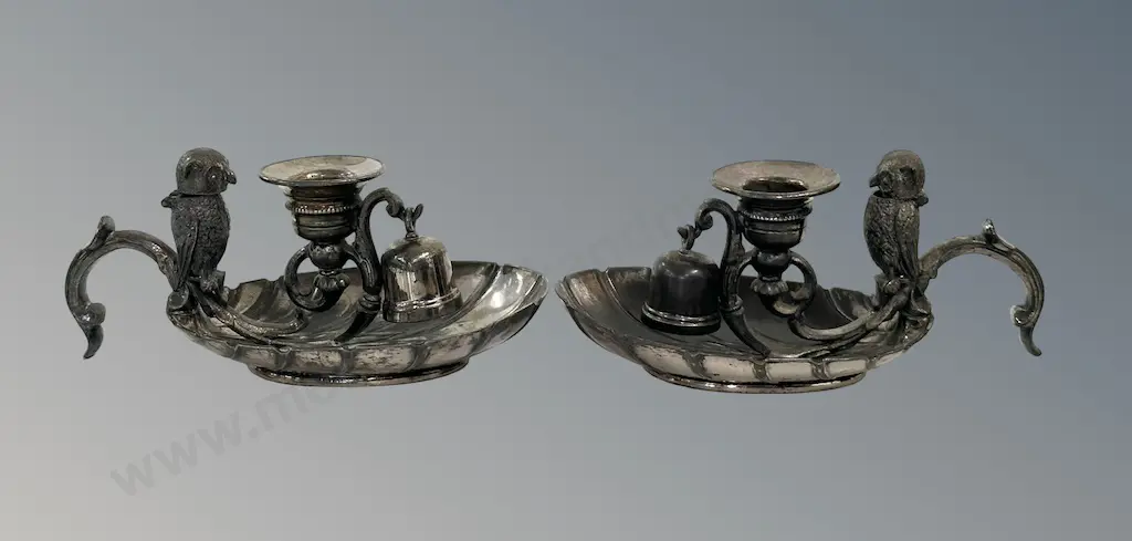 Pair of Metal Chambersticks with Figural Owl Match Holders H7cm Image 1++