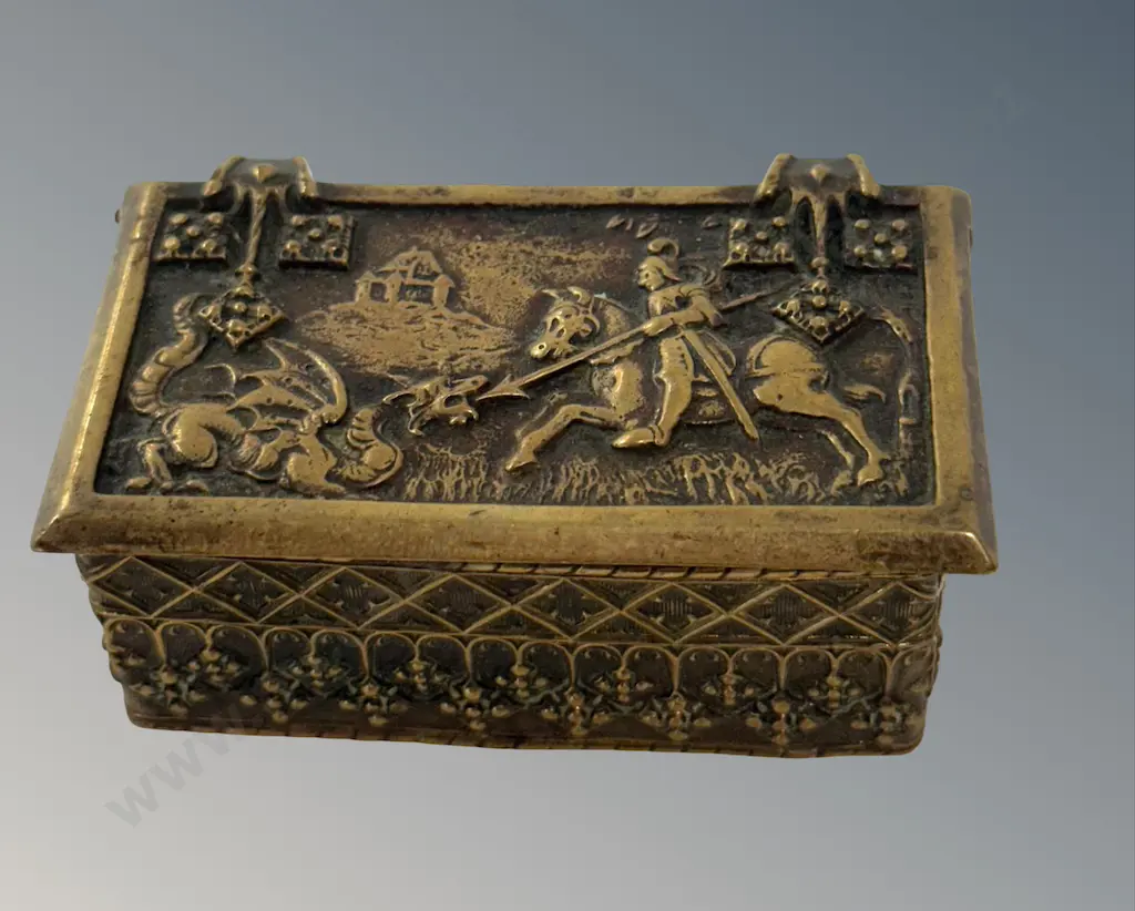 Brass Embossed Box Depicting St. George Table Match Holder L7cm Image 1++