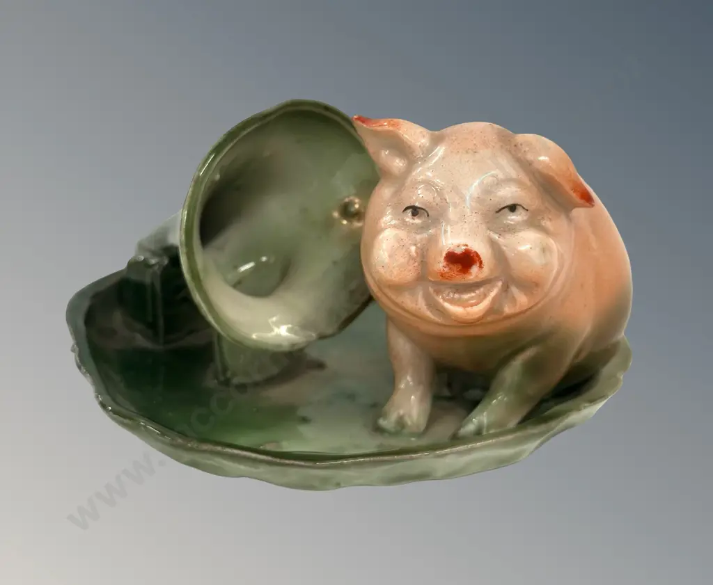 German Porcelain Fairing Pig with Gramophone Table Match Holder H6cm Image 1++