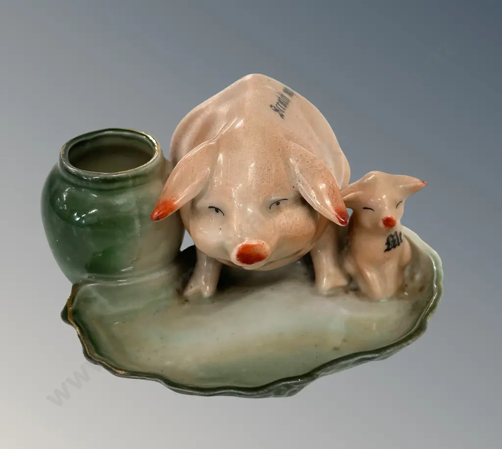 German Pottery Pigs, 'Scratch my Back' & 'Me Too' Table Match Holder H7cm Image 1++
