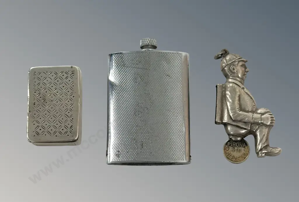 Silver Figural and Hipflask Strike Lighters & Silver Tinder Box H5cm Image 1++