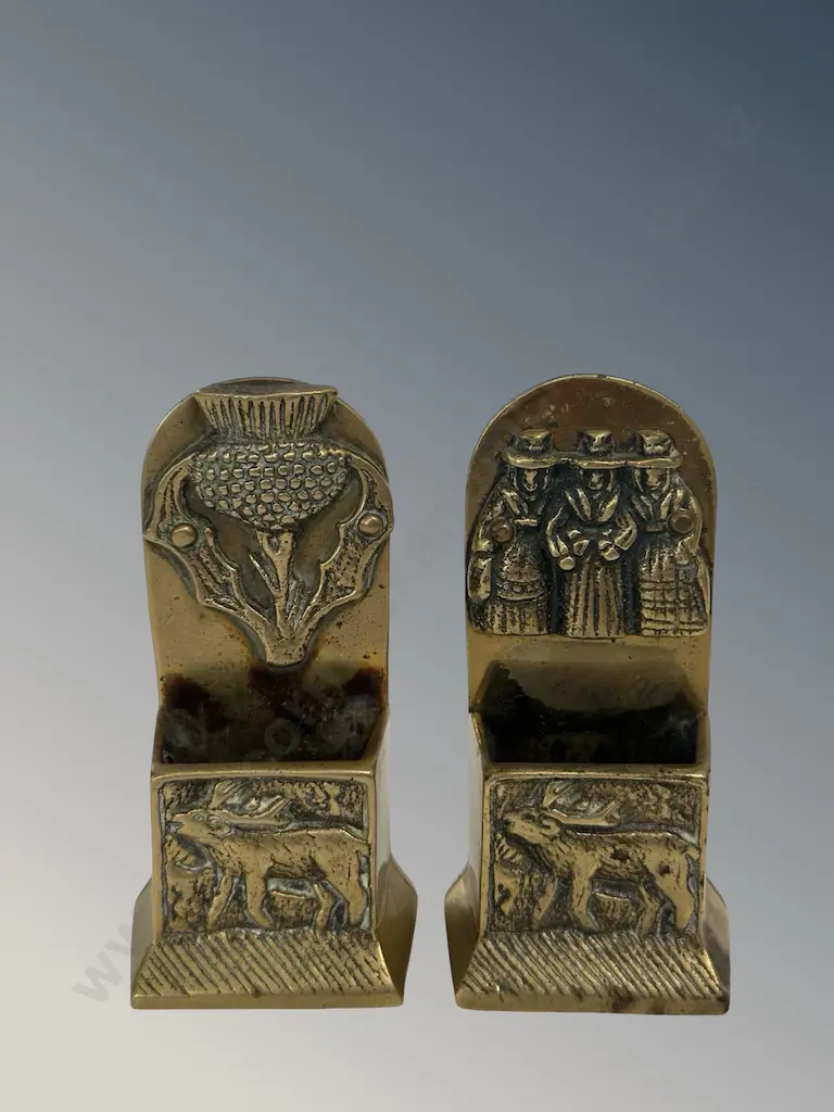 Brass Three Welsh Ladies & Scottish Thistle Table Match Holders H9.5cm Image 1++
