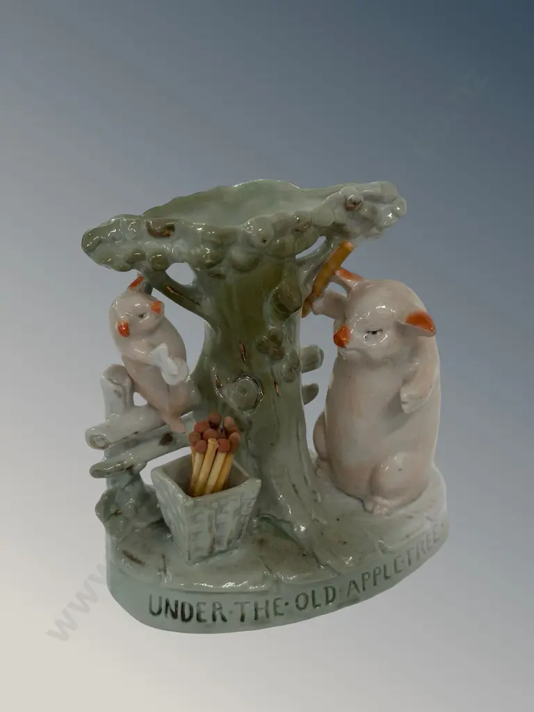 Porcelain Fairing Pig Under the Apple Tree Table Match Holder and Spill Holder H10cm Image 1++