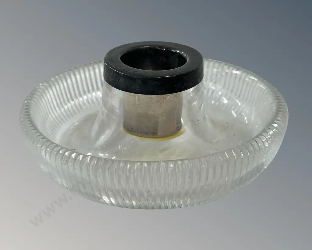 Ribbed Glass and Silver Ashtray and Table Match Holder H4cm Image 1++