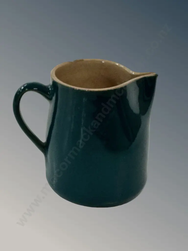 Green Glazed Pottery Jug Table Match Holder to rim, AF chip to rim H6cm Image 1++
