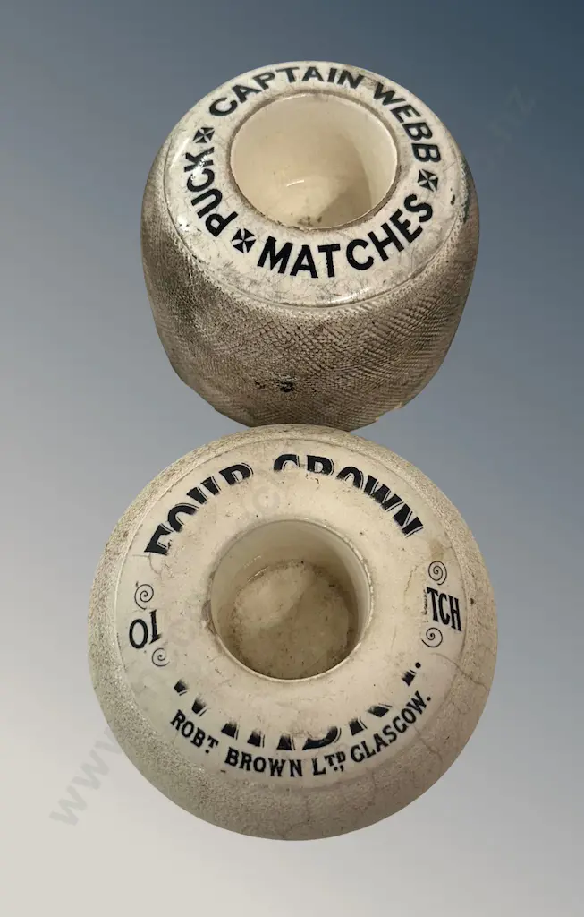 Two Ceramic Table Match Holders - Captain Webb Puck, AF H7.5cm and Four Crown Robt Brown Ltd Glasgow, AF H5cm Image 1++