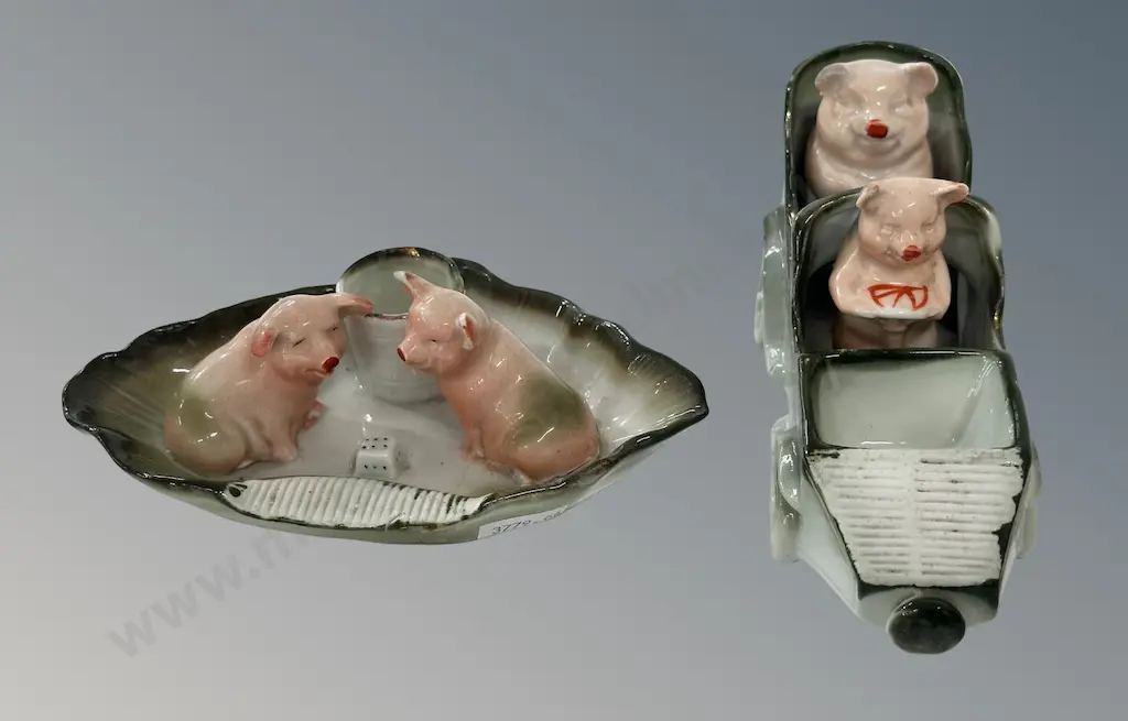 German Pottery Fairing Pigs in a Car & Fairing Pigs Table Match Holders, AF H9cm Image 1++