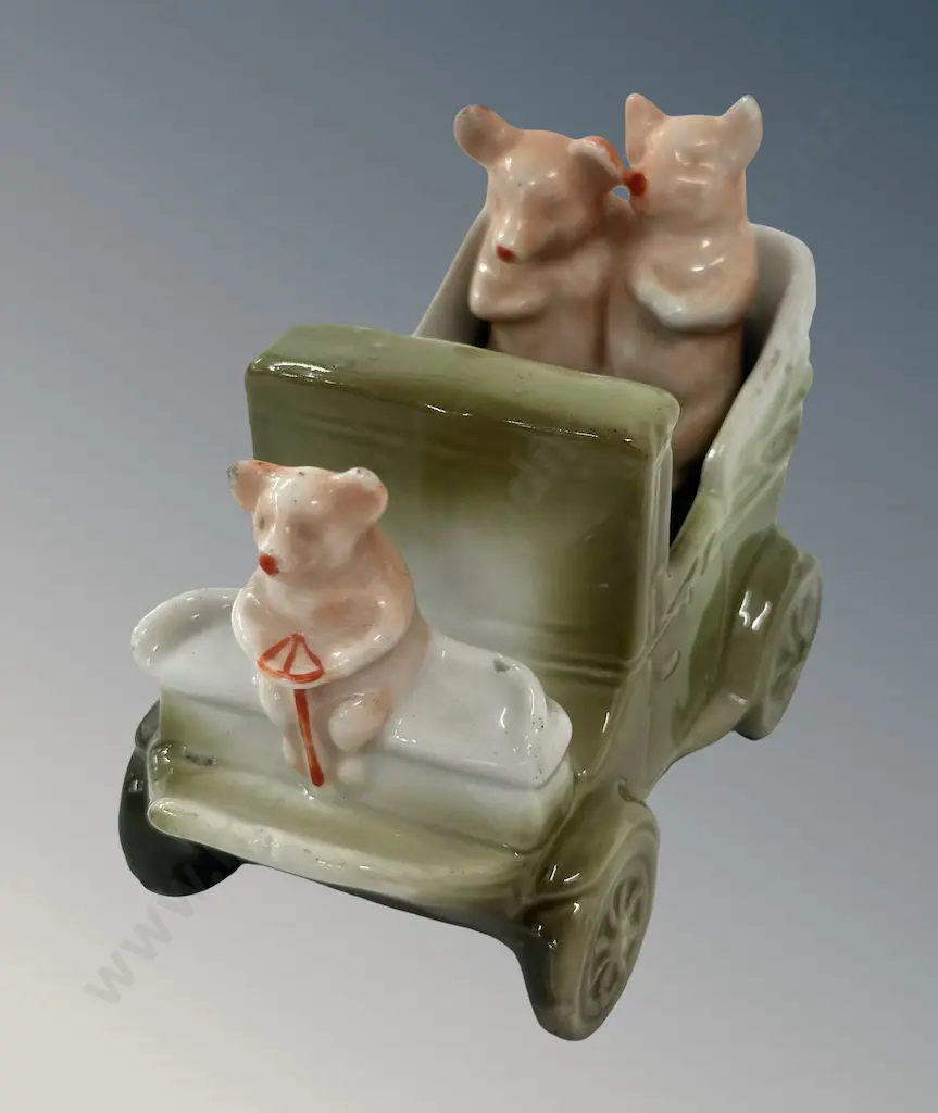 German Pottery Fairing Pigs in a Vintage Car Table Match Holder, AF chips to ear H9cm Image 1++